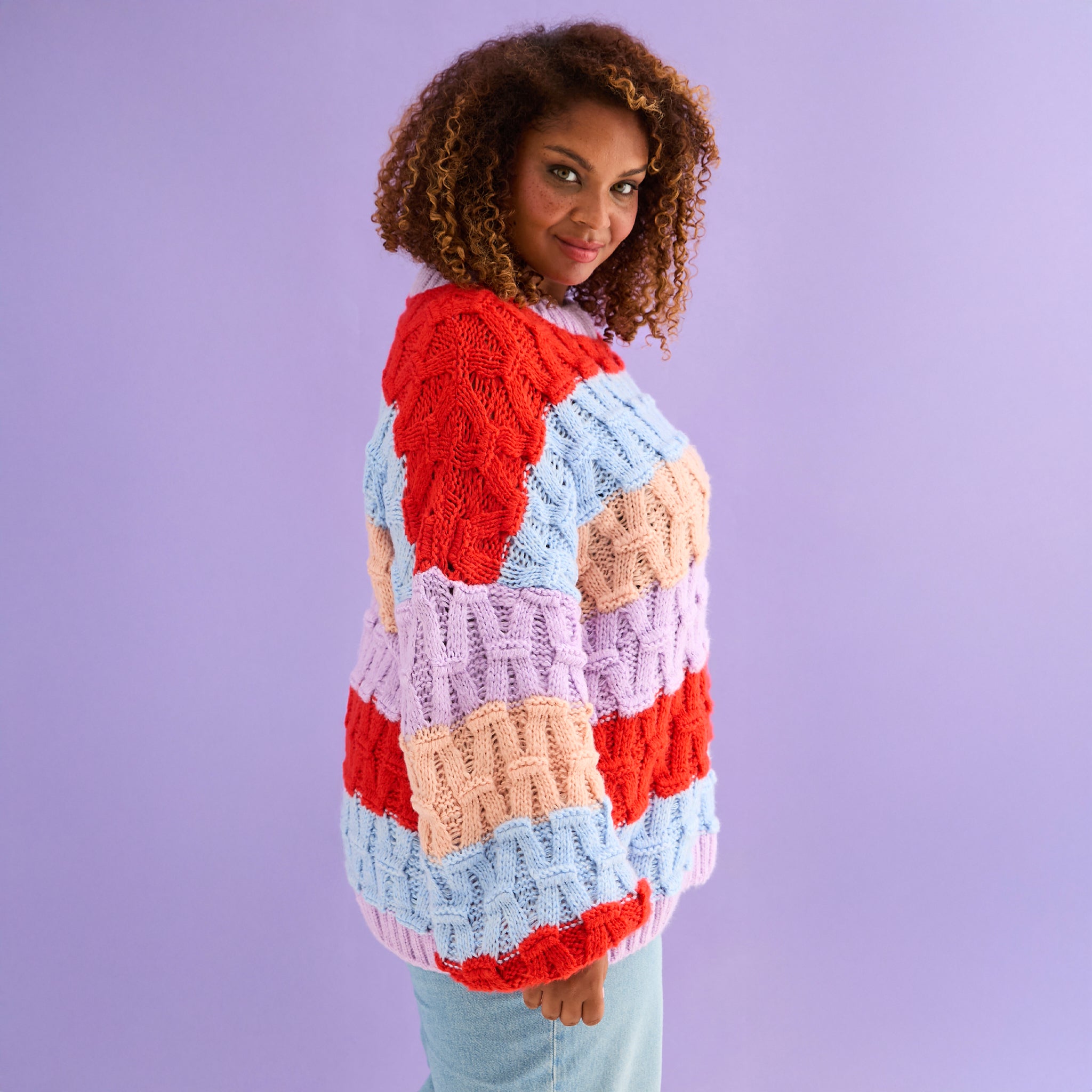 Cara & The Sky Mandy Criss-Cross Stitch Balloon Sleeve Stripe Ladies Jumper - Orange