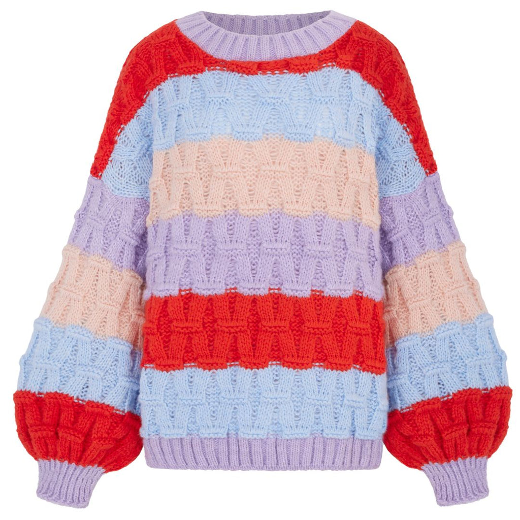 Cara & The Sky Mandy Criss-Cross Stitch Balloon Sleeve Stripe Ladies Jumper - Orange