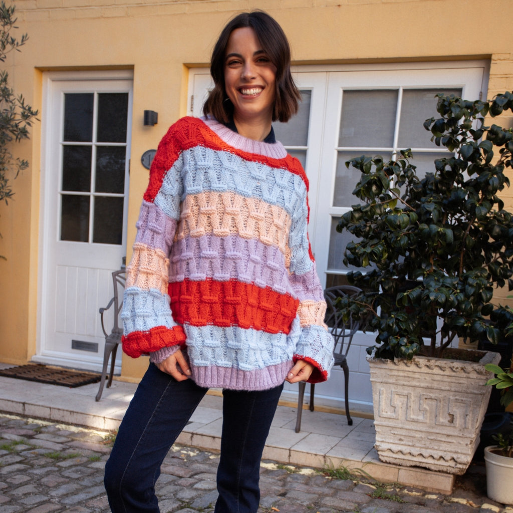 Cara & The Sky Mandy Criss-Cross Stitch Balloon Sleeve Stripe Ladies Jumper - Orange