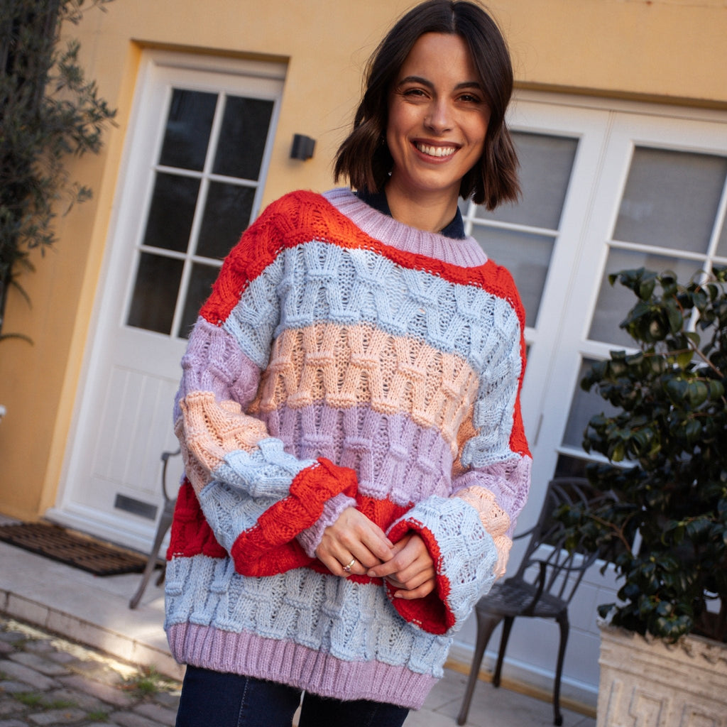 Cara & The Sky Mandy Criss-Cross Stitch Balloon Sleeve Stripe Ladies Jumper - Orange
