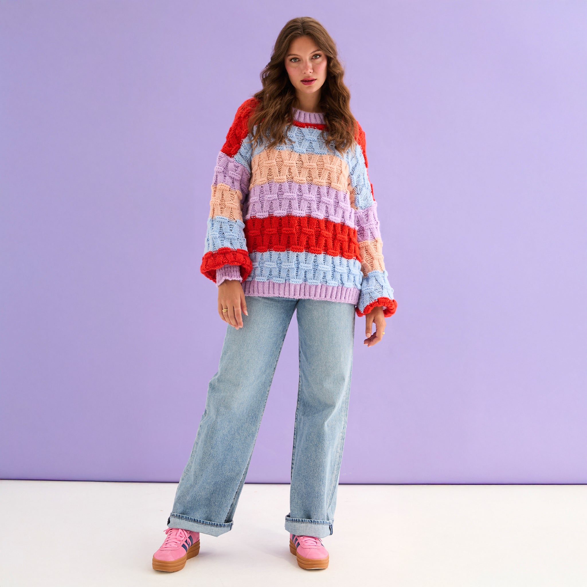 Cara & The Sky Mandy Criss-Cross Stitch Balloon Sleeve Stripe Ladies Jumper - Orange