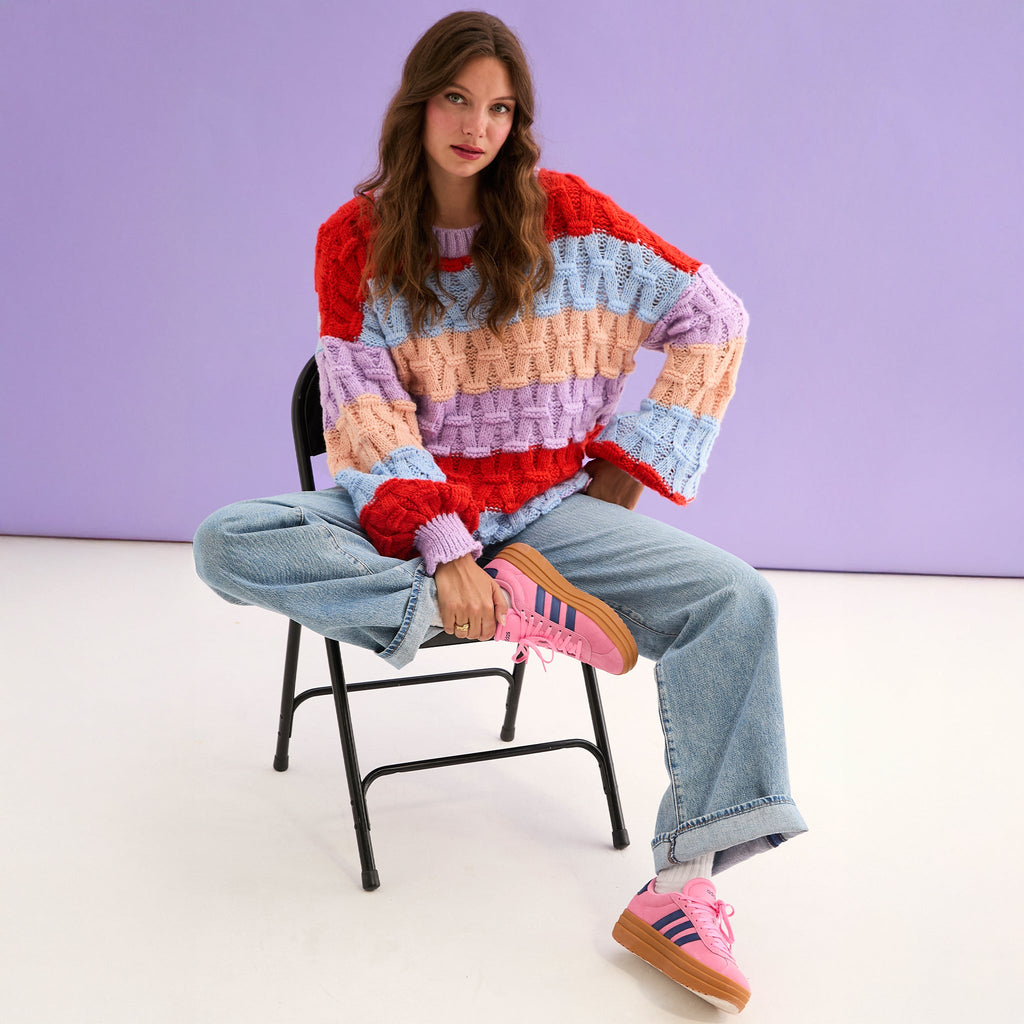 Cara & The Sky Mandy Criss-Cross Stitch Balloon Sleeve Stripe Ladies Jumper - Orange