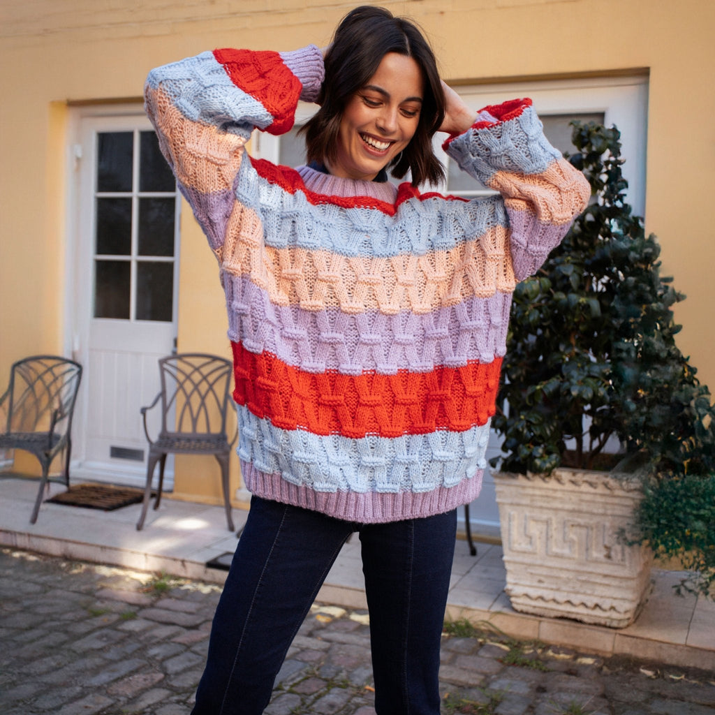 Cara & The Sky Mandy Criss-Cross Stitch Balloon Sleeve Stripe Ladies Jumper - Orange