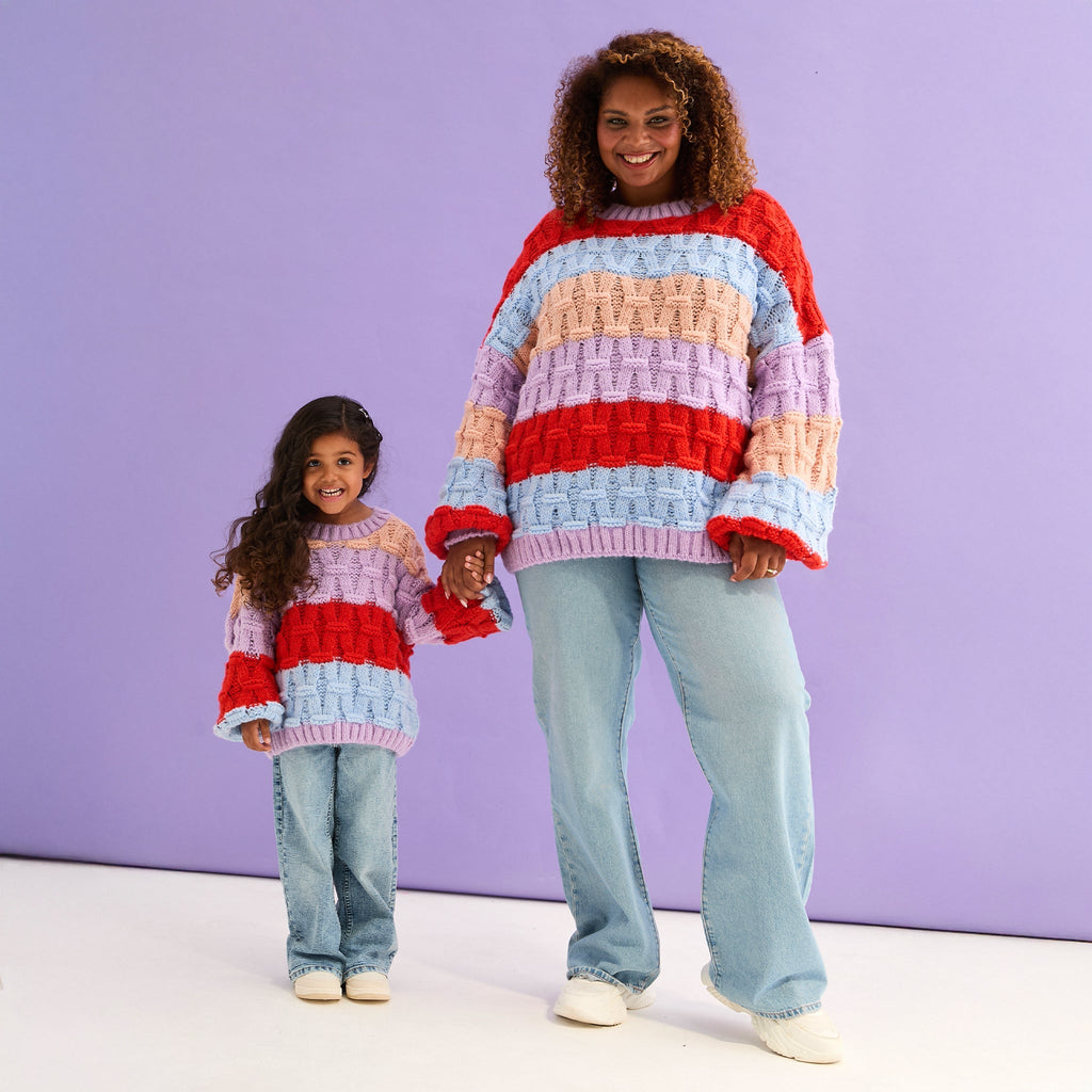 Cara & The Sky Mandy Criss-Cross Stitch Balloon Sleeve Stripe Ladies Jumper - Orange