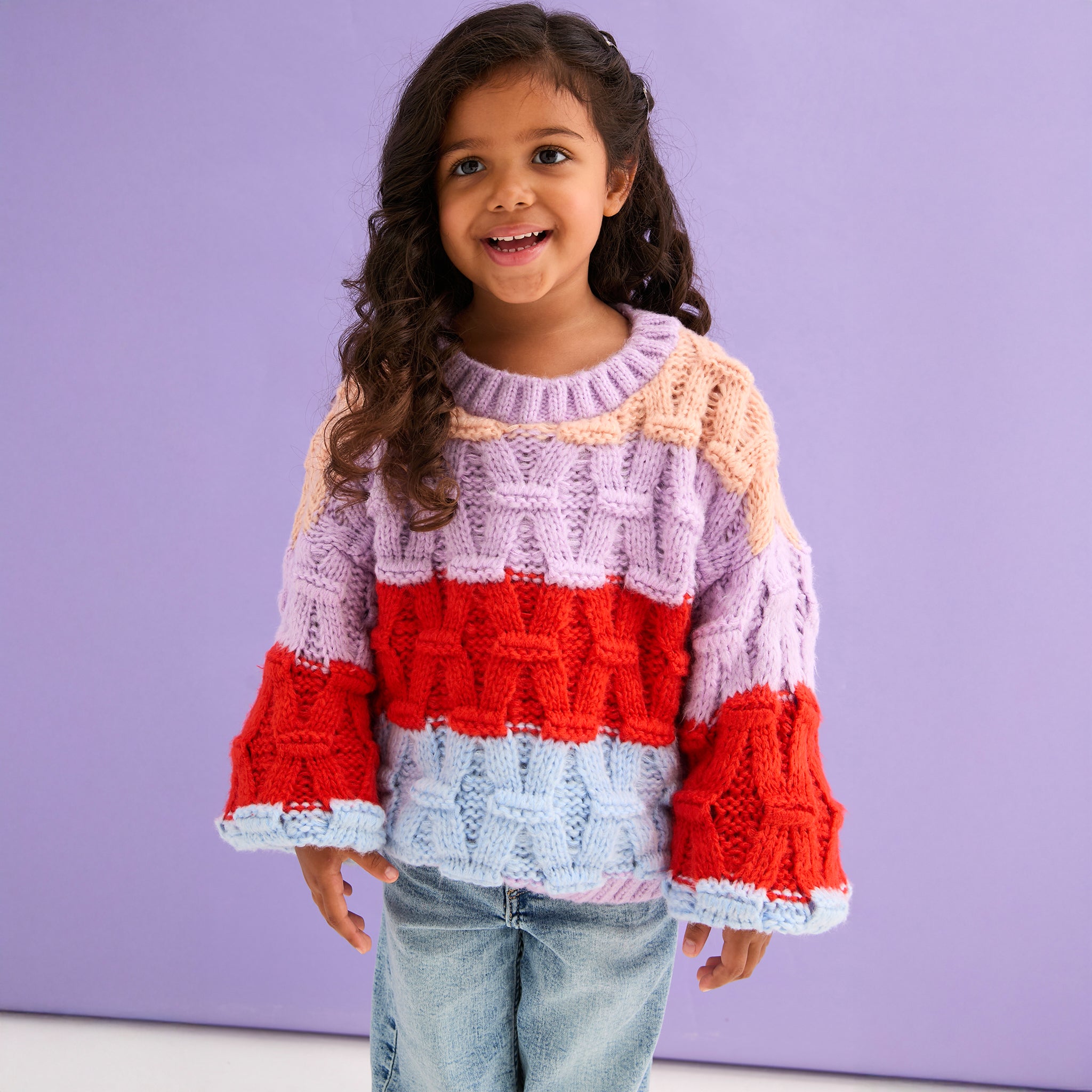 Cara & The Sky Mandy Kids Criss-Cross Stitch Balloon Sleeve Stripe Jumper