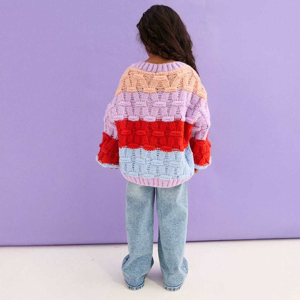 Cara & The Sky Mandy Kids Criss-Cross Stitch Balloon Sleeve Stripe Jumper