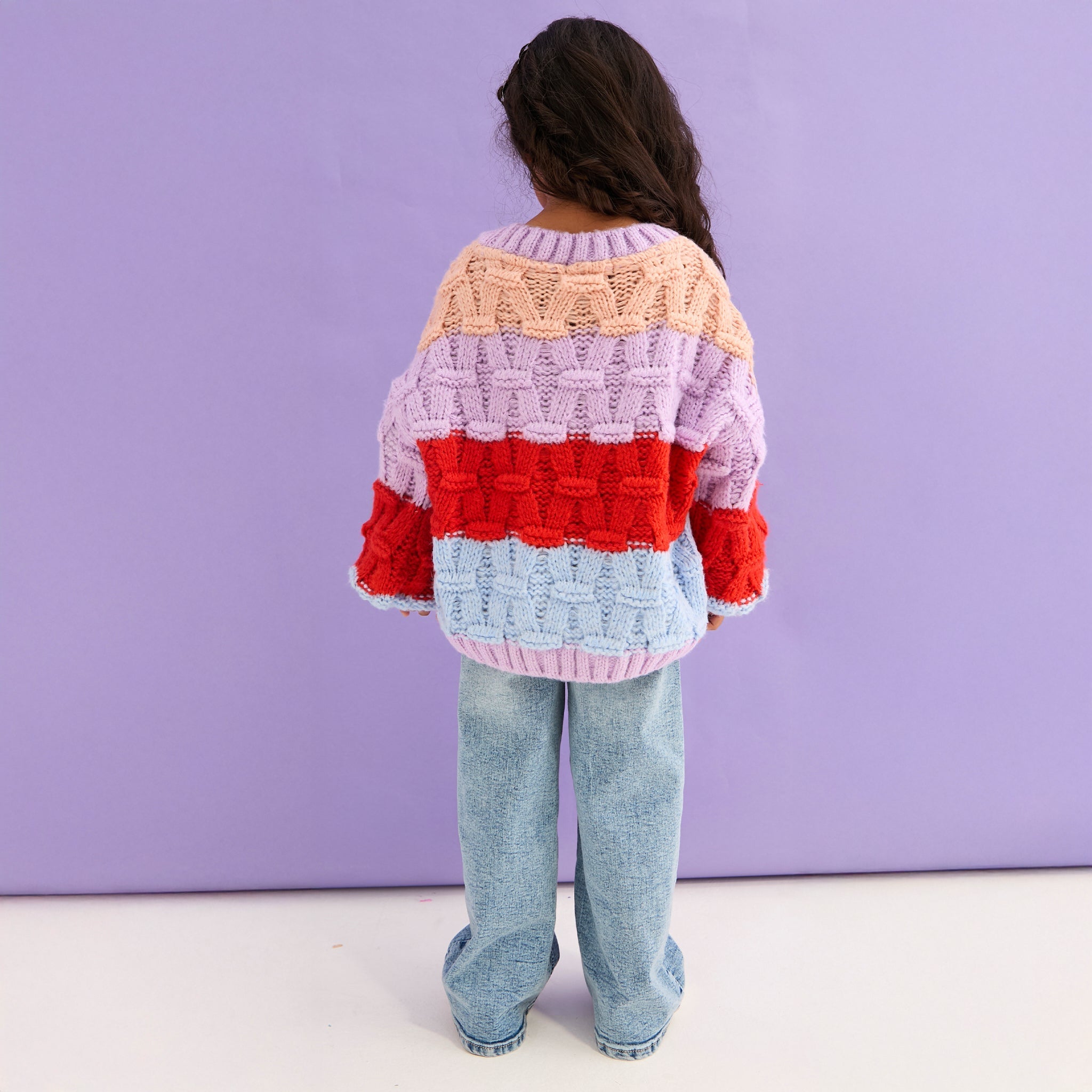 Cara & The Sky Mandy Kids Criss-Cross Stitch Balloon Sleeve Stripe Jumper