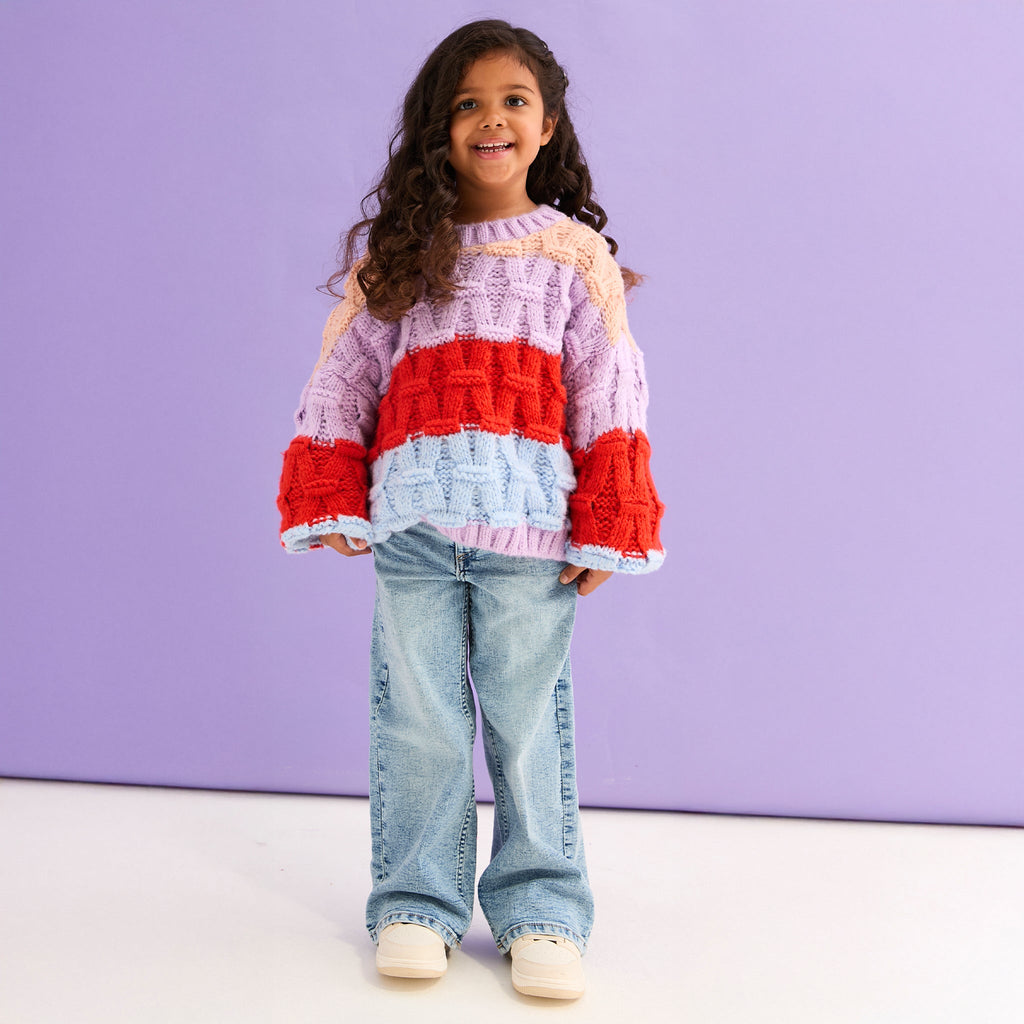 Cara & The Sky Mandy Kids Criss-Cross Stitch Balloon Sleeve Stripe Jumper