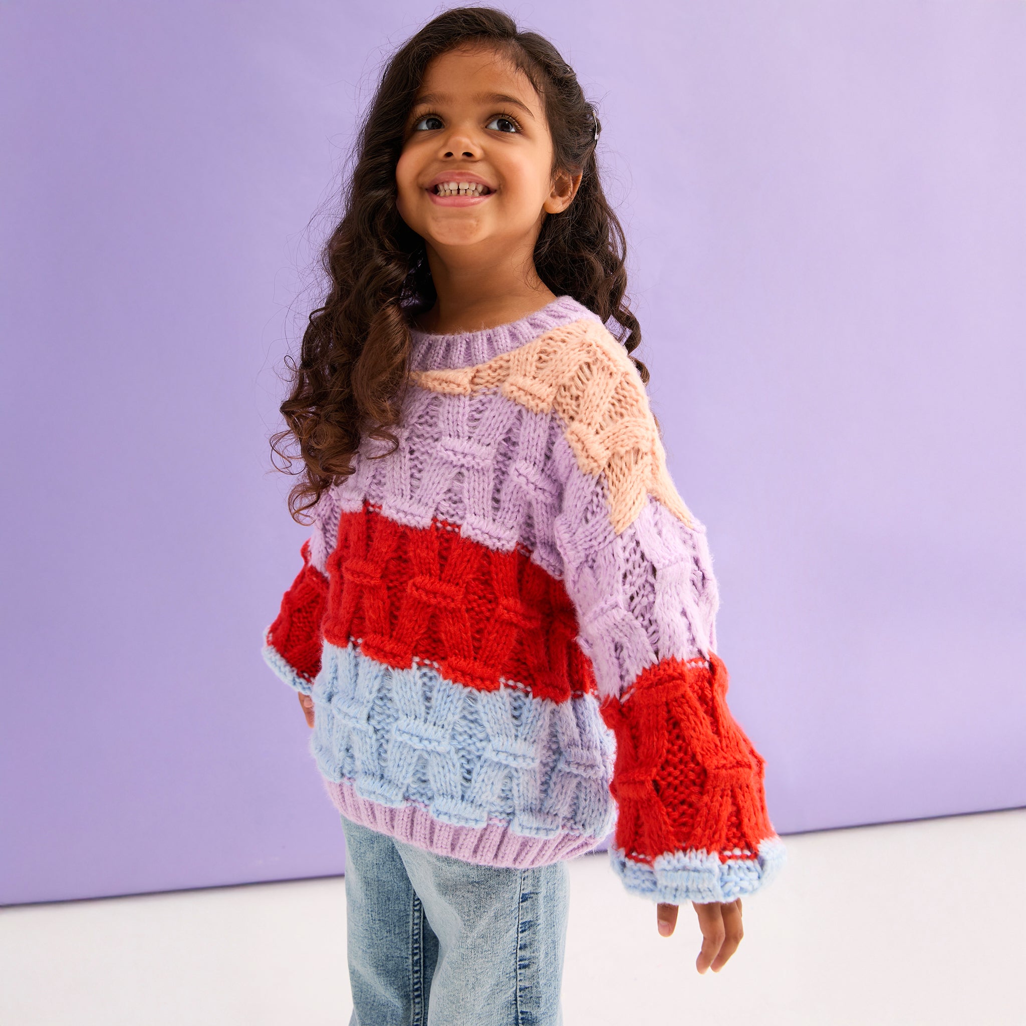Cara & The Sky Mandy Kids Criss-Cross Stitch Balloon Sleeve Stripe Jumper