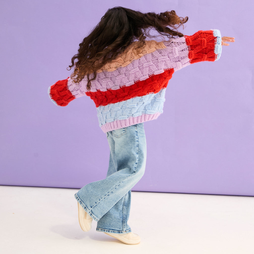 Cara & The Sky Mandy Kids Criss-Cross Stitch Balloon Sleeve Stripe Jumper