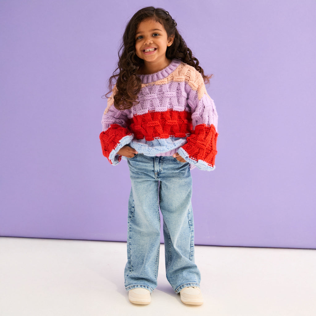 Cara & The Sky Mandy Kids Criss-Cross Stitch Balloon Sleeve Stripe Jumper
