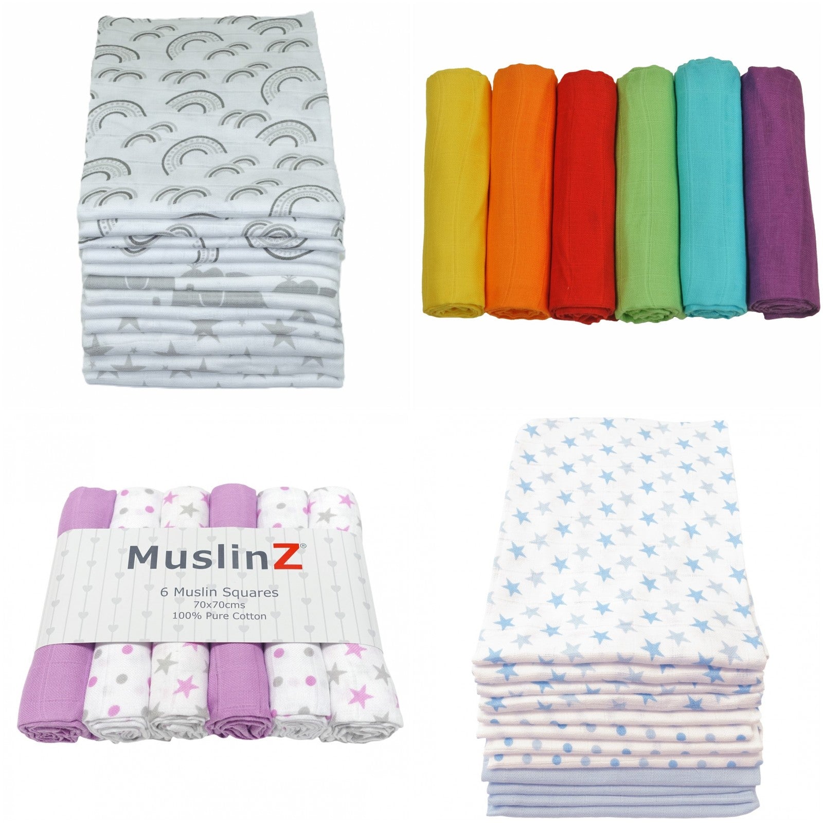 Muslin Squares Six & 12 Pack - Nine Colours & Patterns - Baby&More