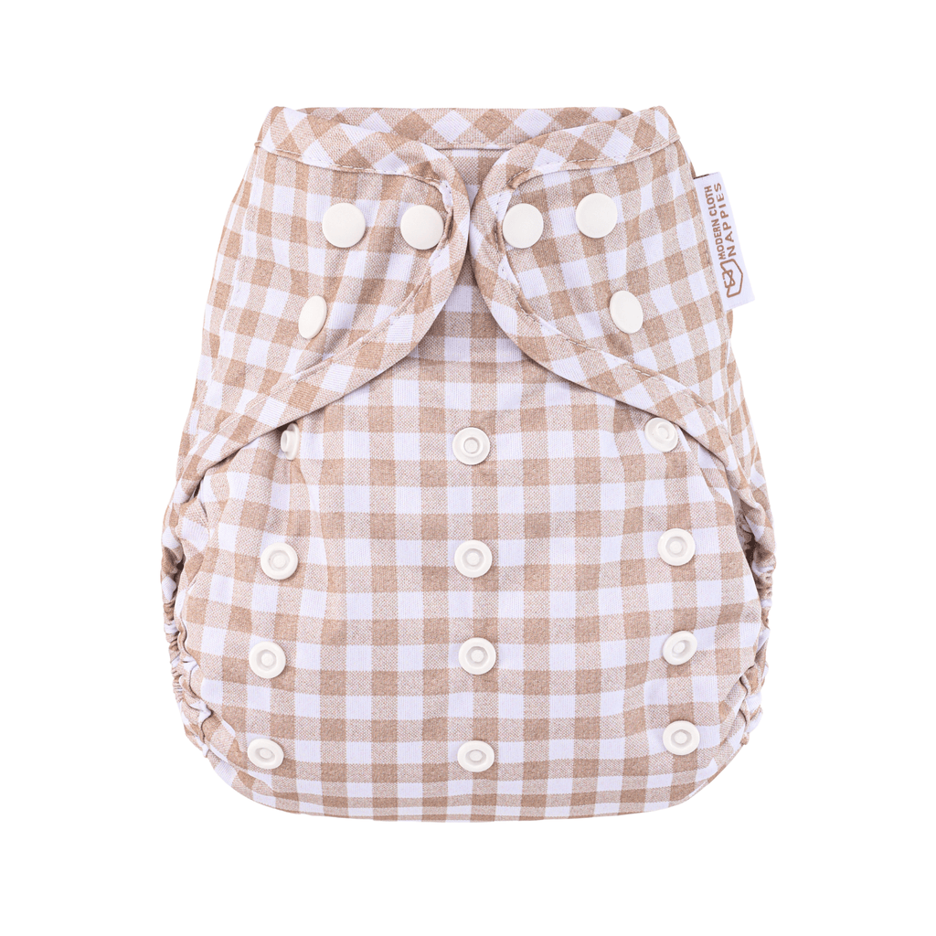One Size Reusable Cloth Nappy Wrap - Gingham Taupe - Baby&More