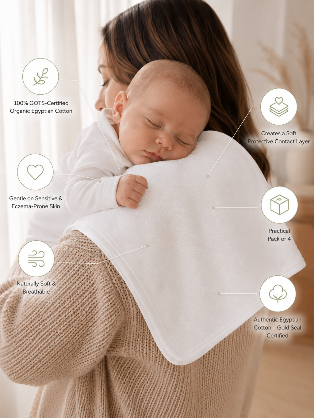 PrimaCotton - White Organic Burp Cloths - Pack of 4