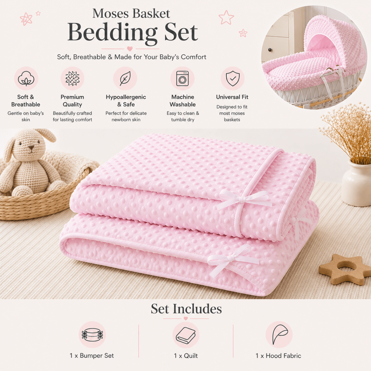For Your Little One Moses Basket Bedding Set - Pink Dimple (Basket Not Included!)