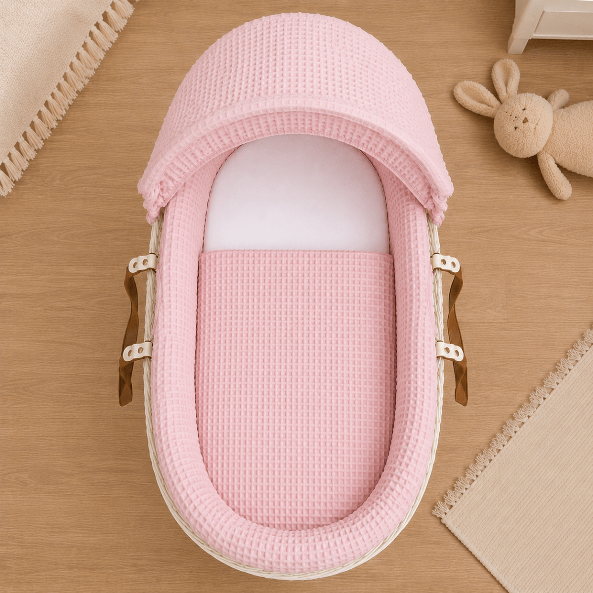 For Your Little One Moses Basket Bedding Set - Pink Waffle (Basket Not Included!)