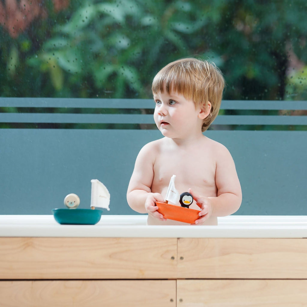 PlanToys Wooden Sailing Boat Penguin Bath Toy - Baby&More