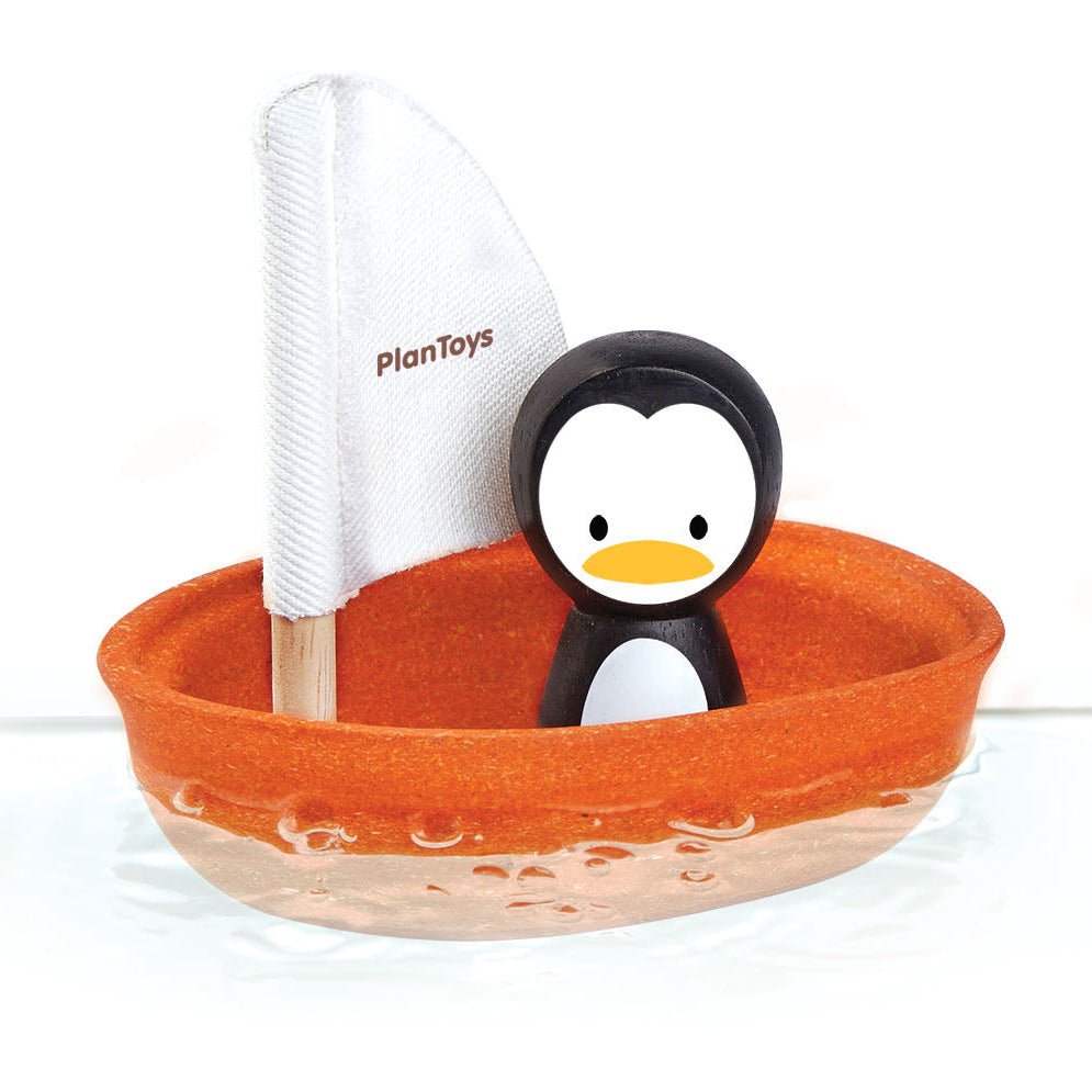 PlanToys Wooden Sailing Boat Penguin Bath Toy - Baby&More