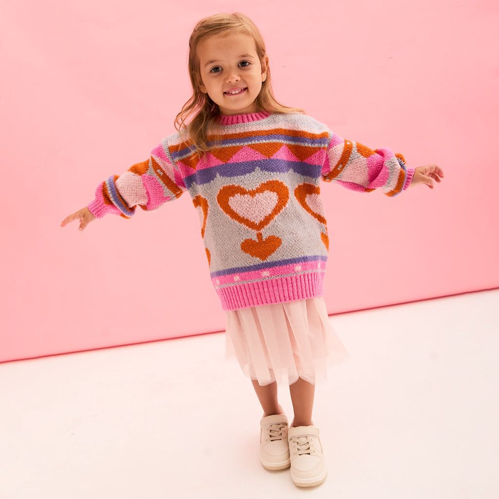 Cara & The Sky Poppy Mini Me Heart Intarsia Kids Knitted Jumper - Blue