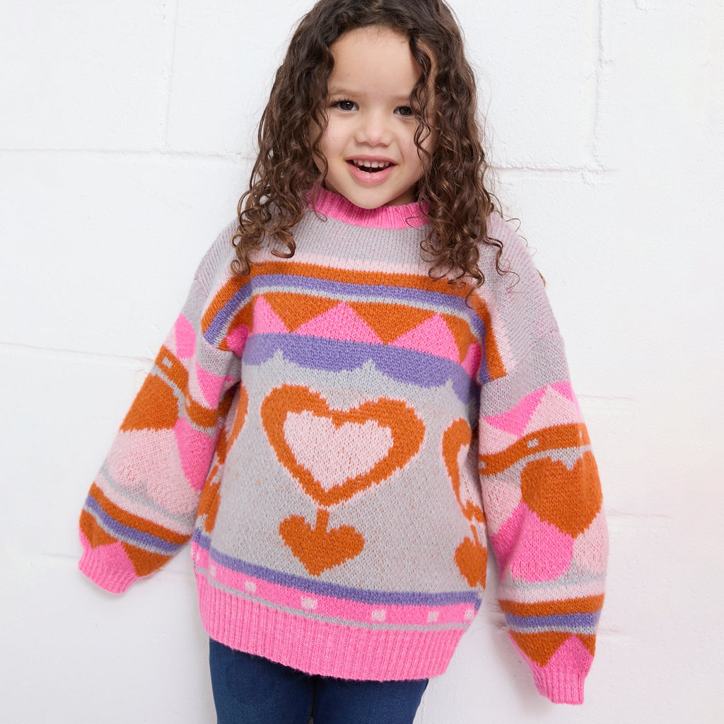 Cara & The Sky Poppy Mini Me Heart Intarsia Kids Knitted Jumper - Blue