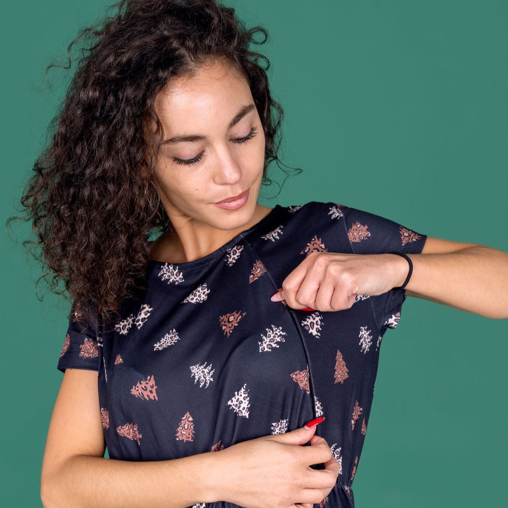 The Knee Length Breastfeeding Dress - Navy Christmas Tree