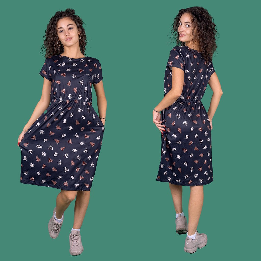 The Knee Length Breastfeeding Dress - Navy Christmas Tree