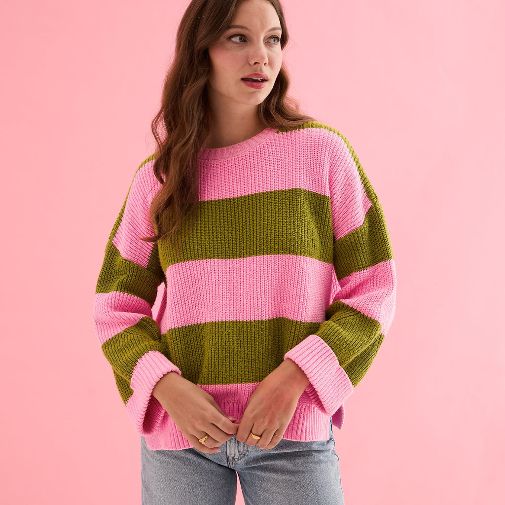 Cara & The Sky Rhiannon Recycled Cotton Blend Stripe Ladies Jumper - Pink and Green
