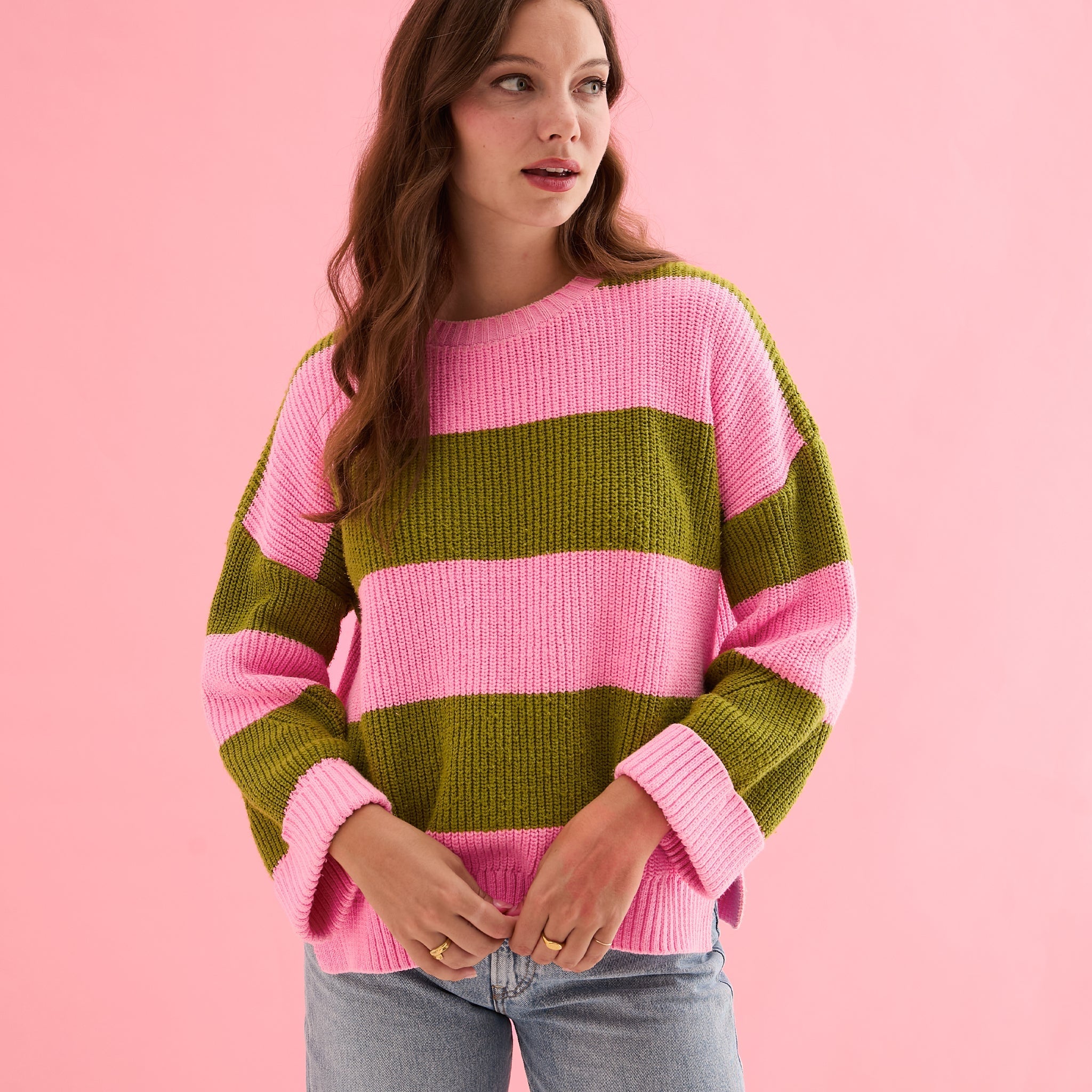 Cara & The Sky Rhiannon Recycled Cotton Blend Stripe Ladies Jumper - Pink and Green