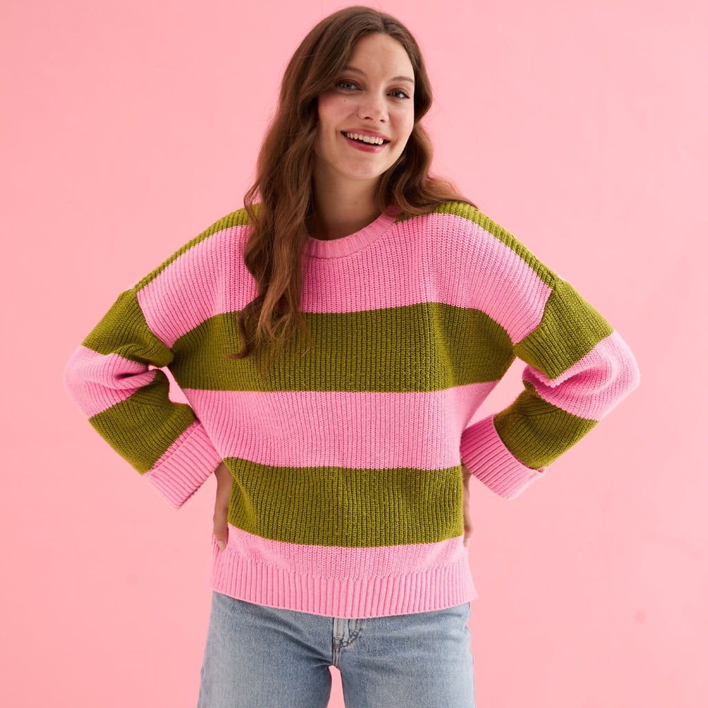 Cara & The Sky Rhiannon Recycled Cotton Blend Stripe Ladies Jumper - Pink and Green