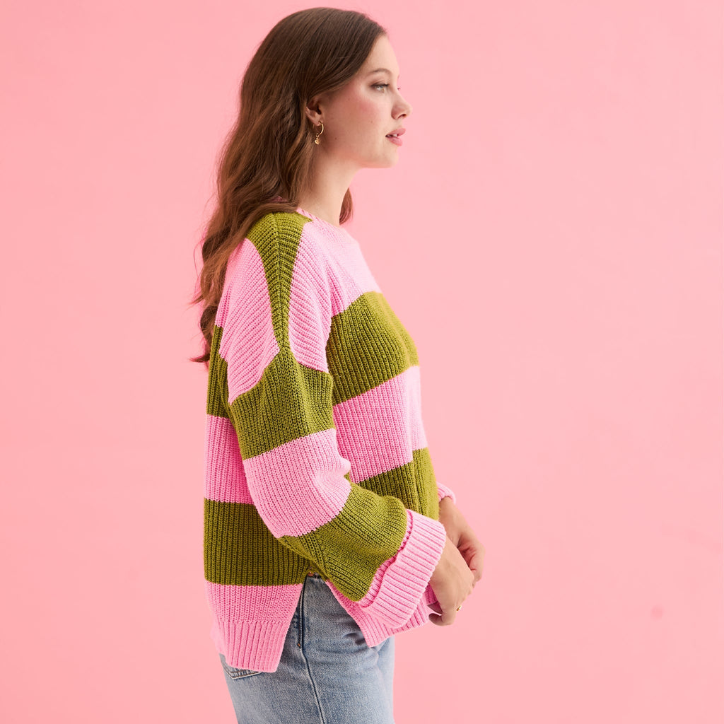 Cara & The Sky Rhiannon Recycled Cotton Blend Stripe Ladies Jumper - Pink and Green