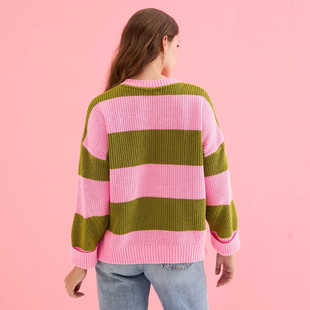 Cara & The Sky Rhiannon Recycled Cotton Blend Stripe Ladies Jumper - Pink and Green