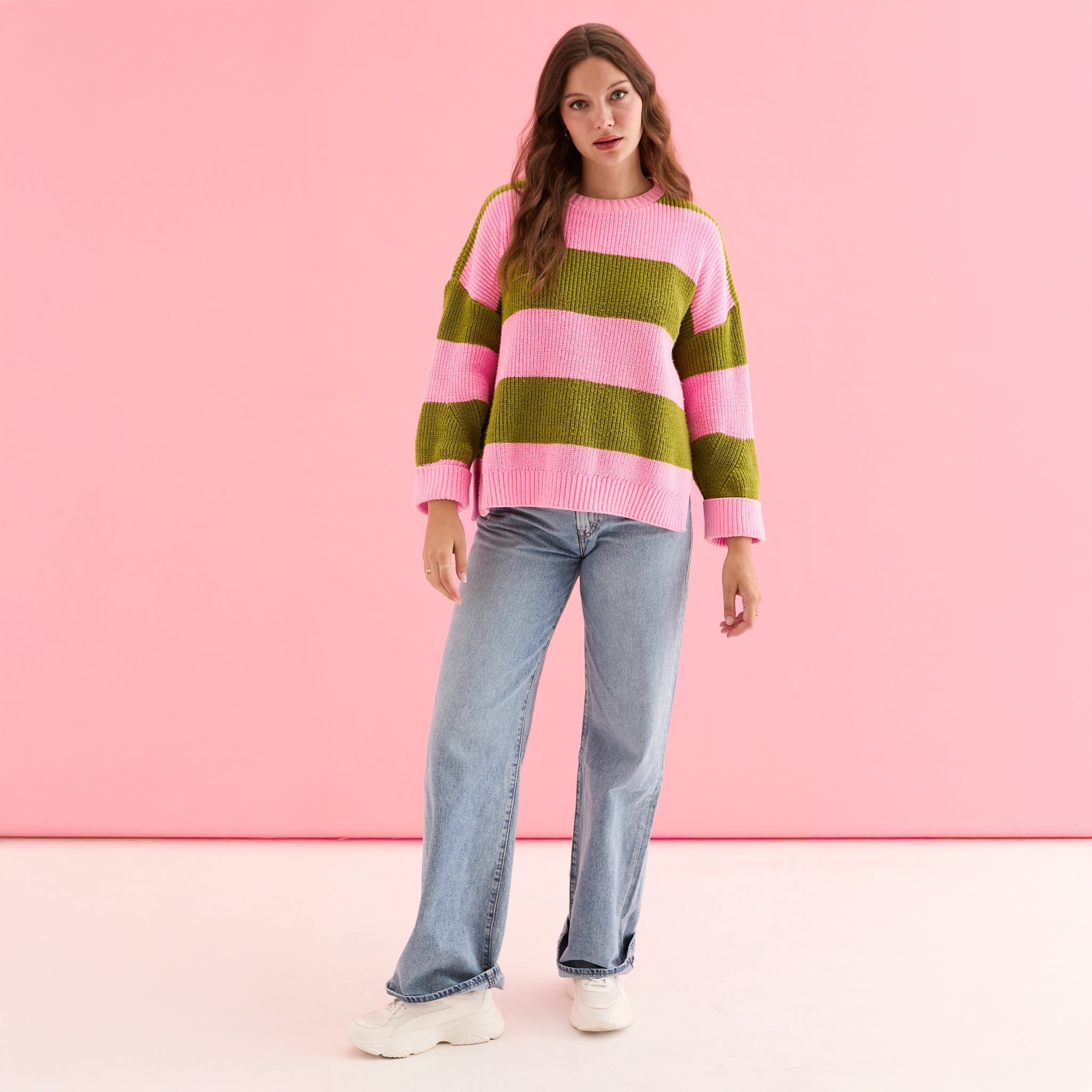 Cara & The Sky Rhiannon Recycled Cotton Blend Stripe Ladies Jumper - Pink and Green