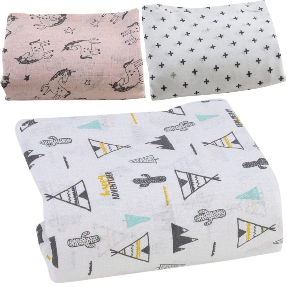 Printed Muslin Squares - Unicorn, Grey Star Patterns - Baby&More
