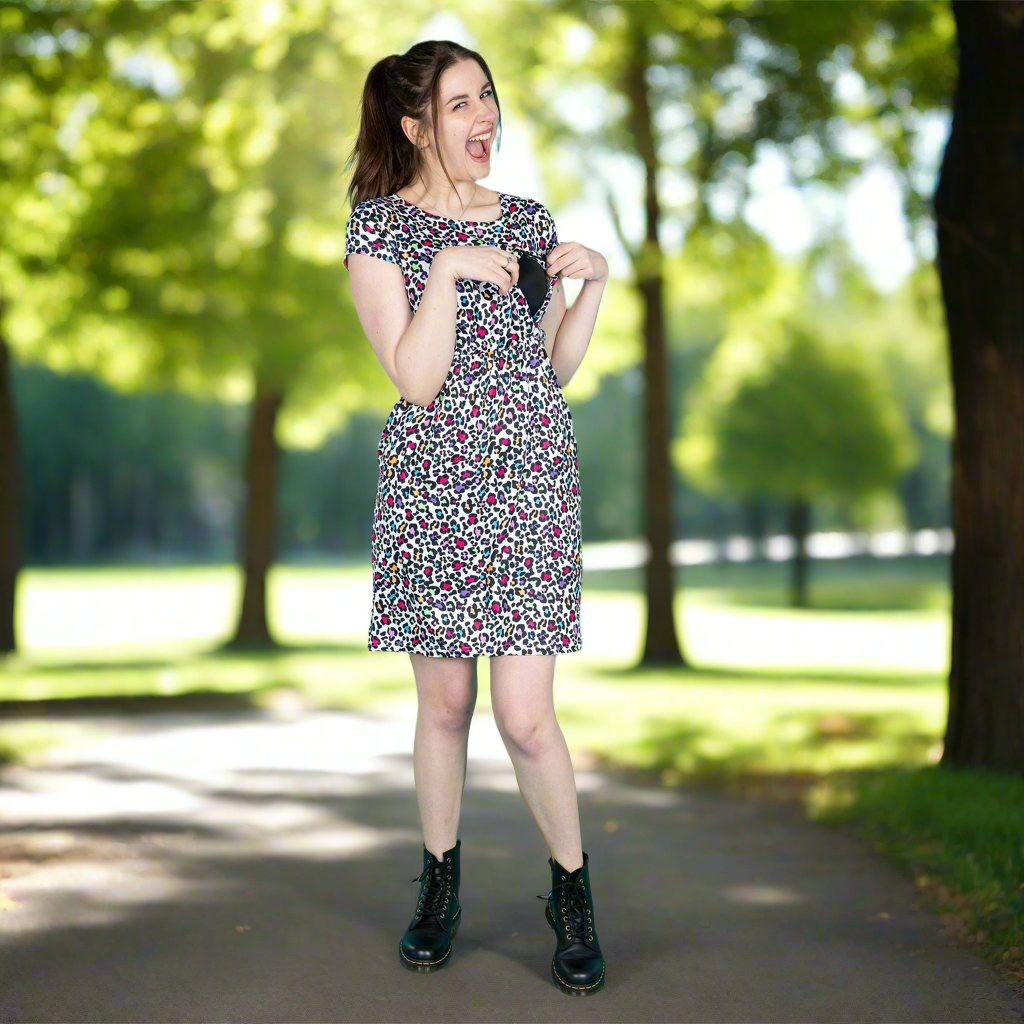 The Knee Length Breastfeeding Dress - Rainbow Leopard
