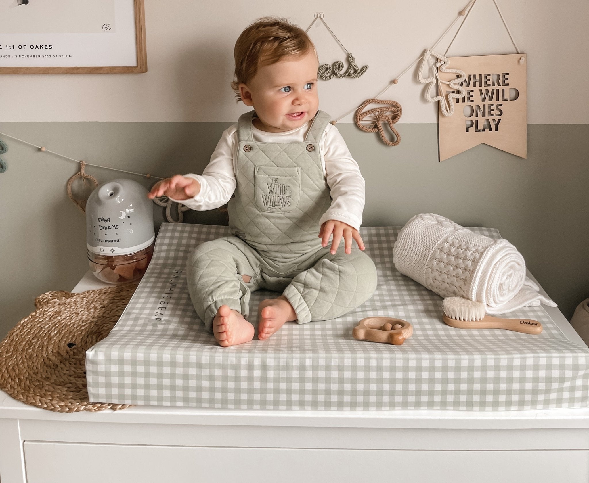 Ralphie Bear Anti Roll Wedge Baby Changing Mat - Gingham Sage - Baby&More