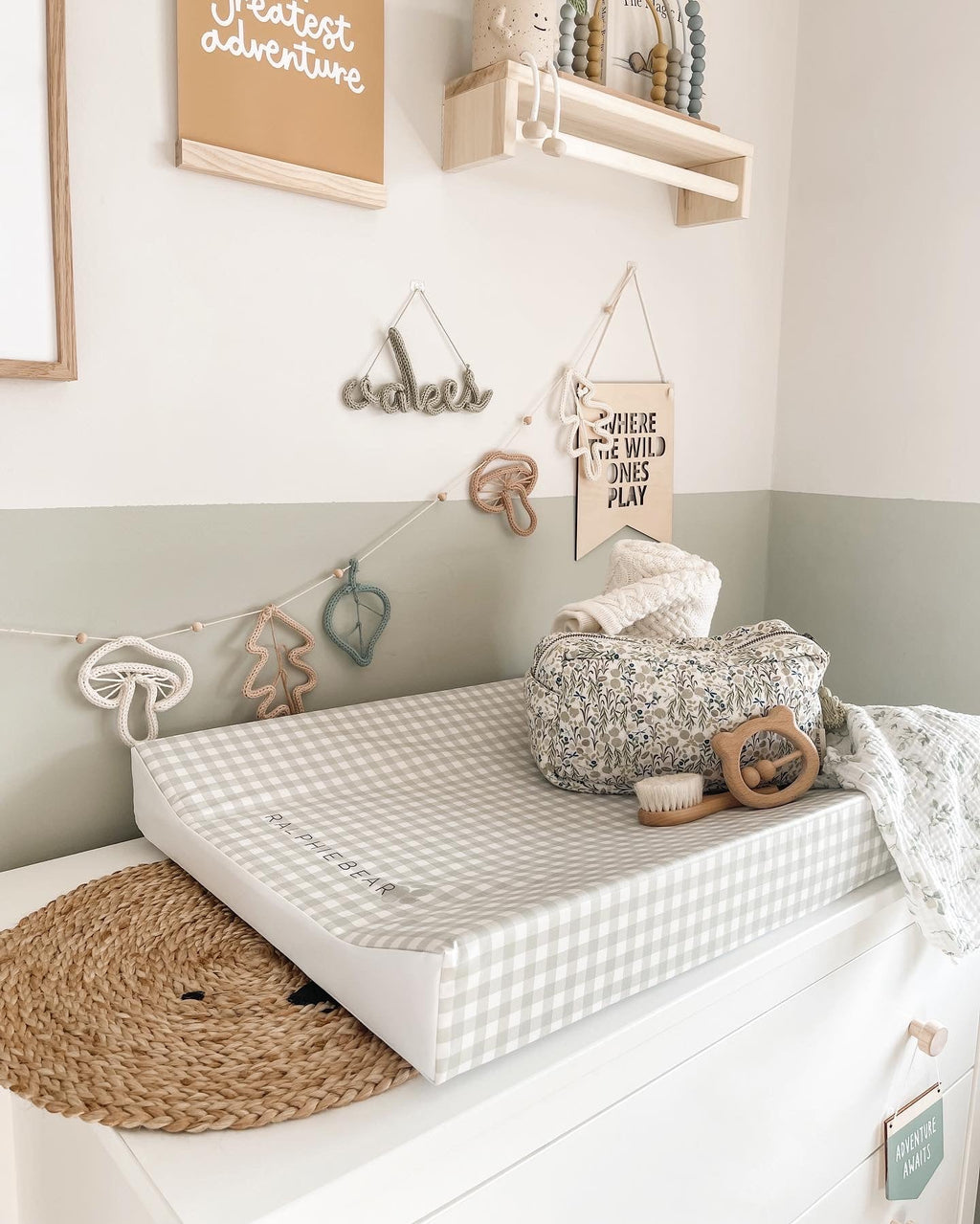 Ralphie Bear Anti Roll Wedge Baby Changing Mat - Gingham Sage - Baby&More