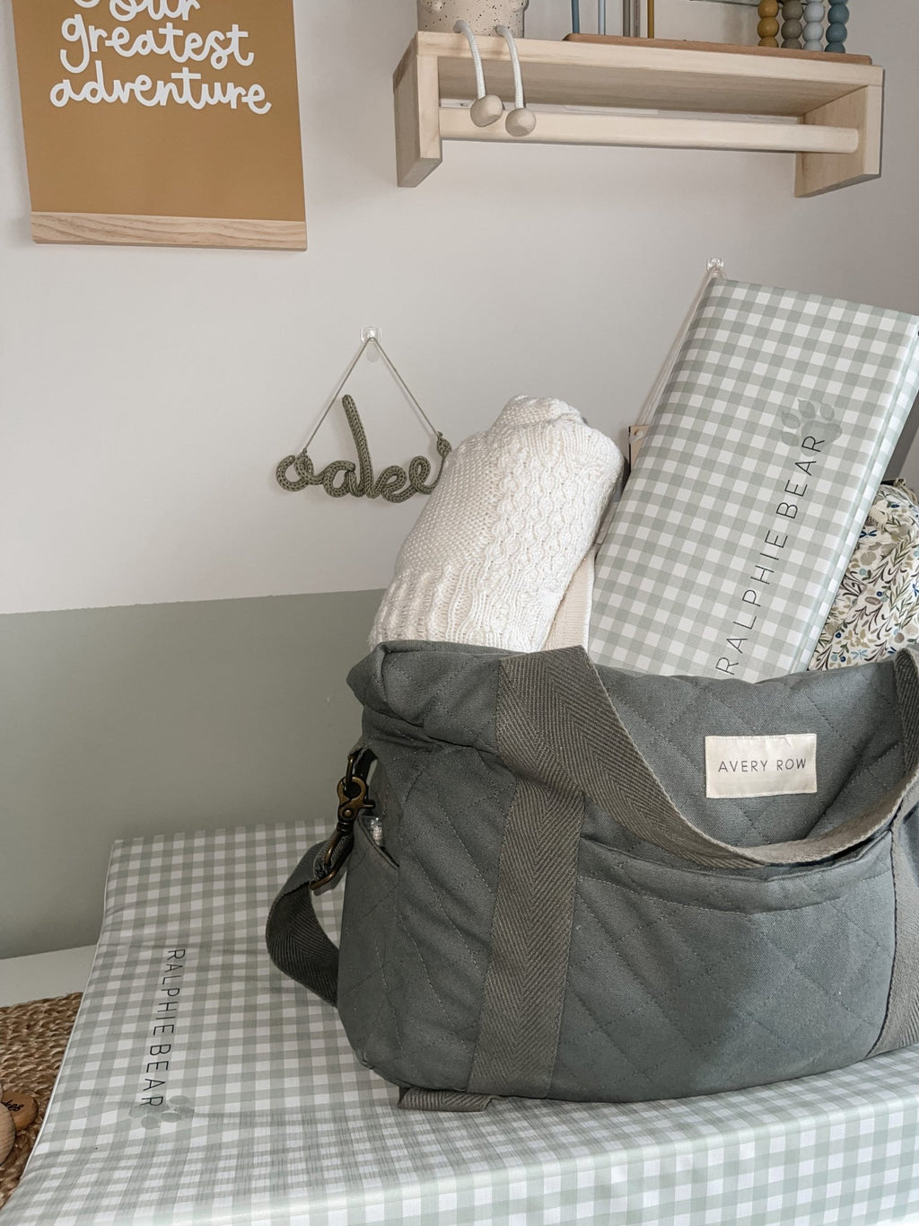 Ralphie Bear Anti Roll Wedge Baby Changing Mat - Gingham Sage - Baby&More