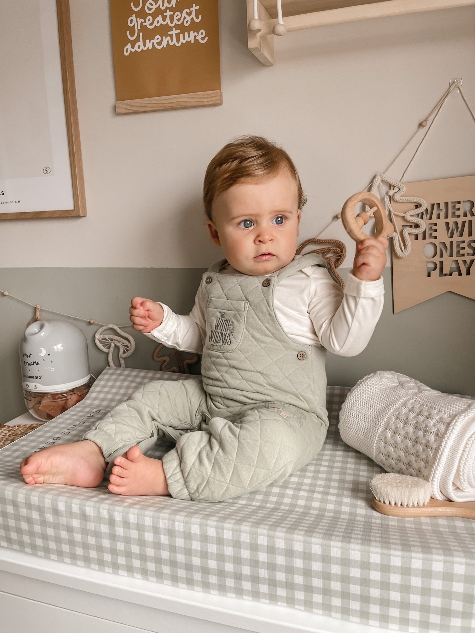 Ralphie Bear Anti Roll Wedge Baby Changing Mat - Gingham Sage - Baby&More