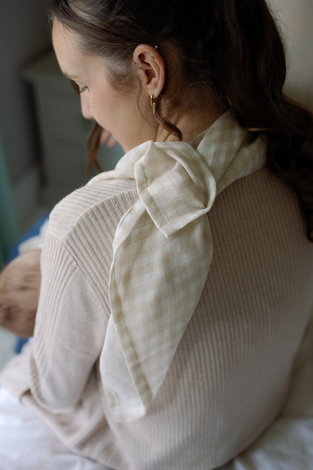 Ralphie Bear Large Swaddle Muslin - Gingham Beige - Baby&More