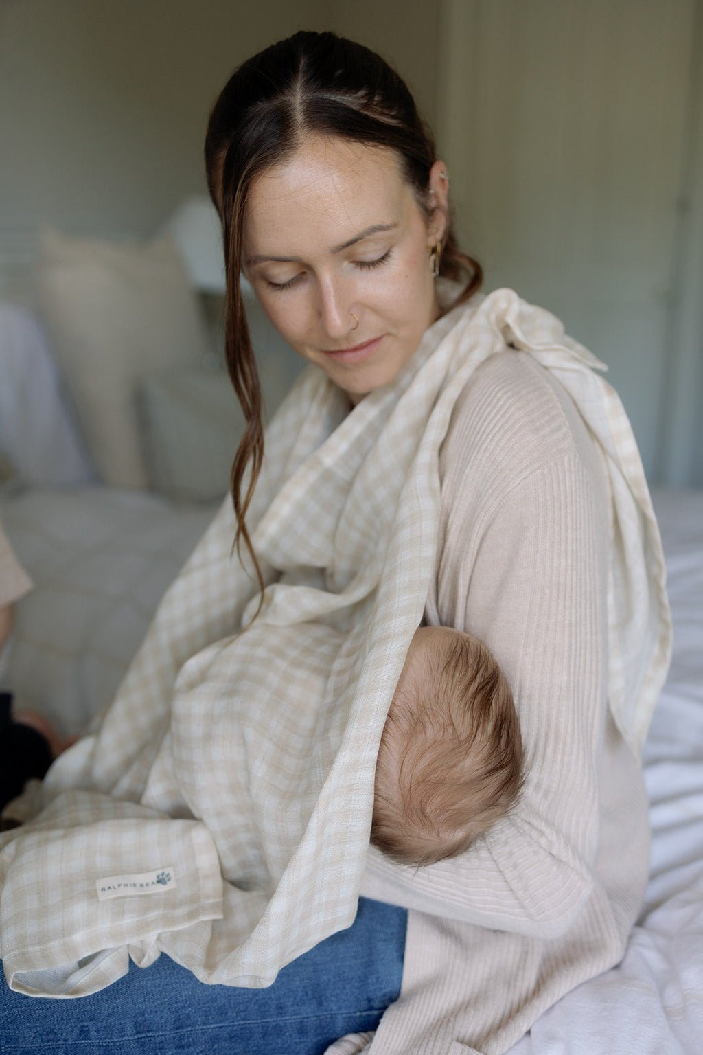 Ralphie Bear Large Swaddle Muslin - Gingham Beige - Baby&More