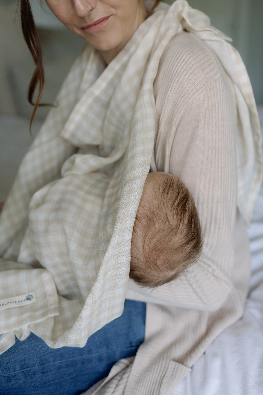 Ralphie Bear Large Swaddle Muslin - Gingham Beige - Baby&More