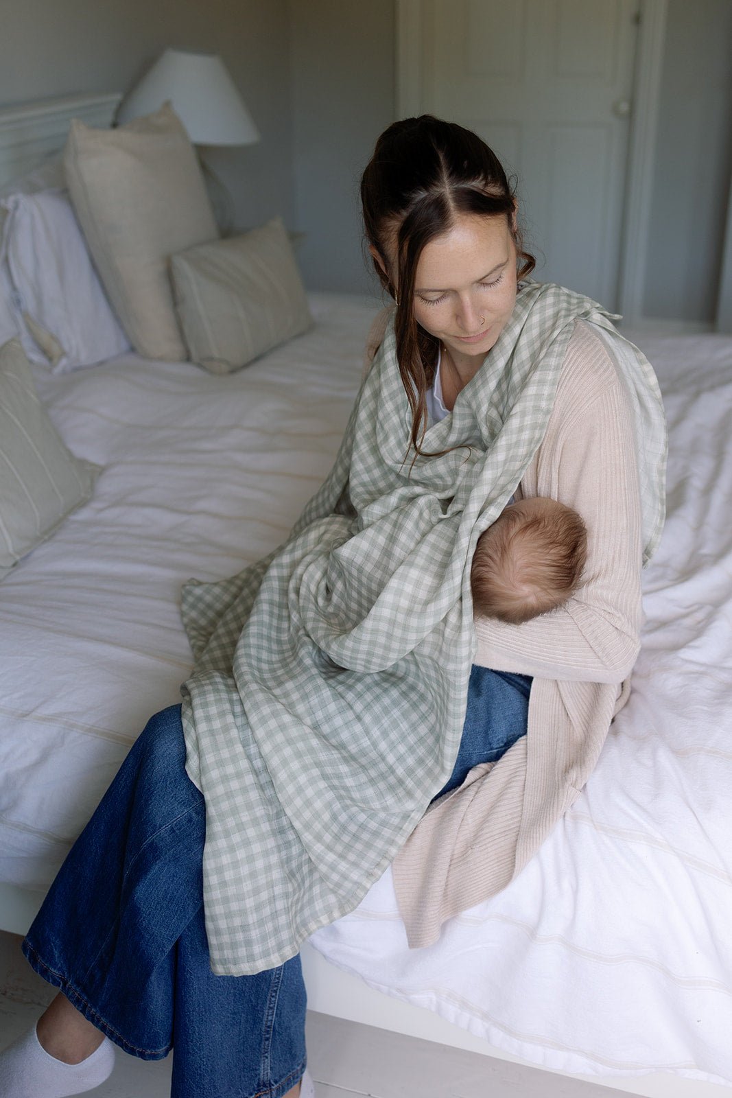 Ralphie Bear Large Swaddle Muslin - Gingham Sage - Baby&More