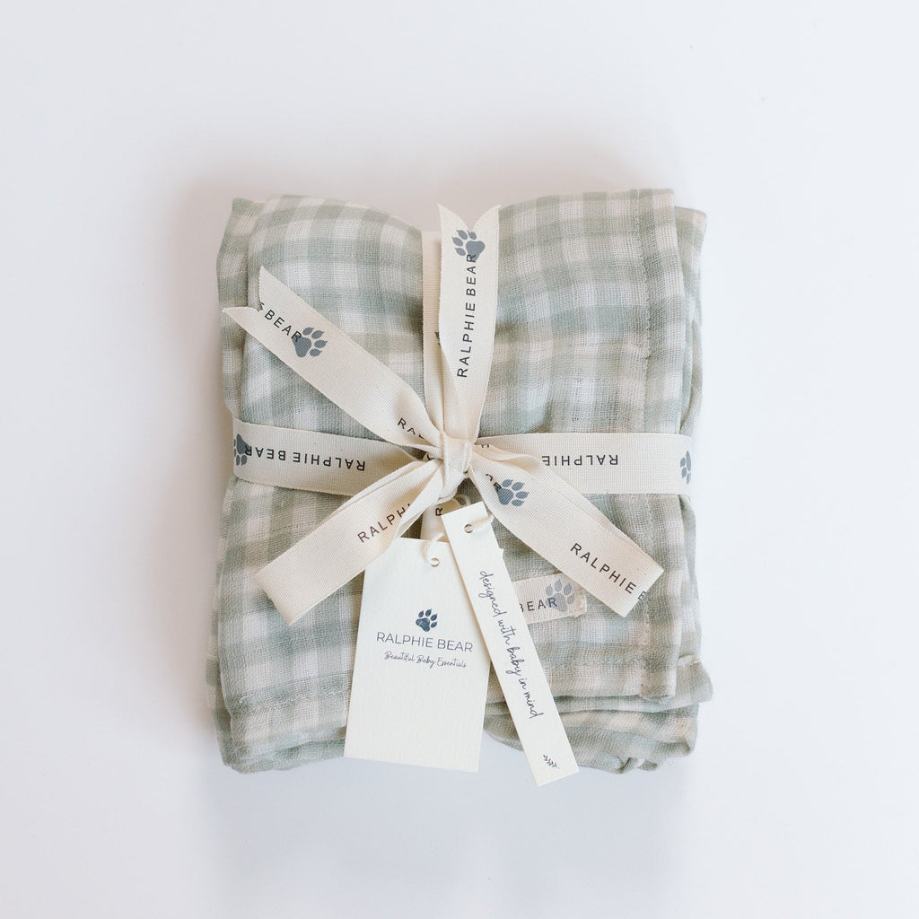 Ralphie Bear Large Swaddle Muslin - Gingham Sage - Baby&More