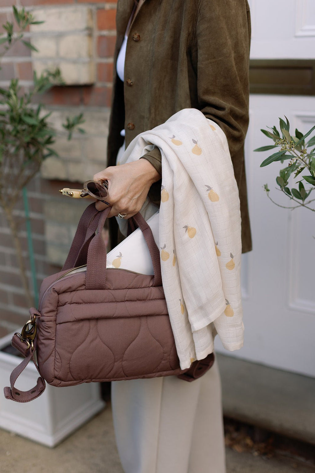 Ralphie Bear Quilted Changing Stroller Bag - Brown/Pears - Baby&More