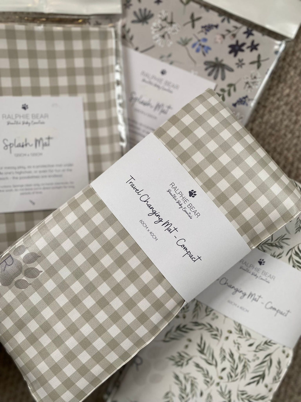 Ralphie Bear Splash Mat - Gingham Sage - Baby&More