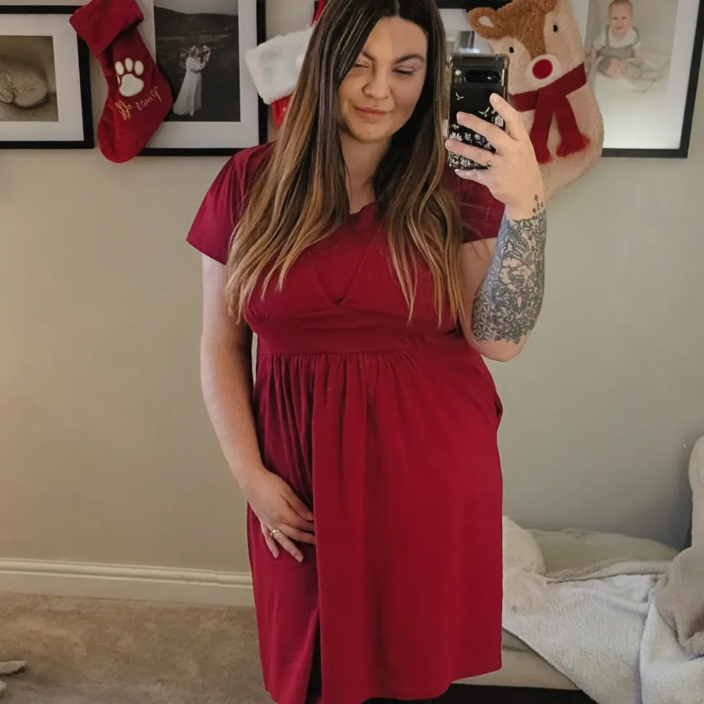 The Cotton Breastfeeding Dress - Burgundy Red