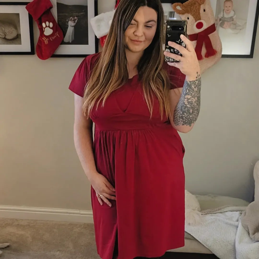 The Cotton Breastfeeding Dress - Burgundy Red