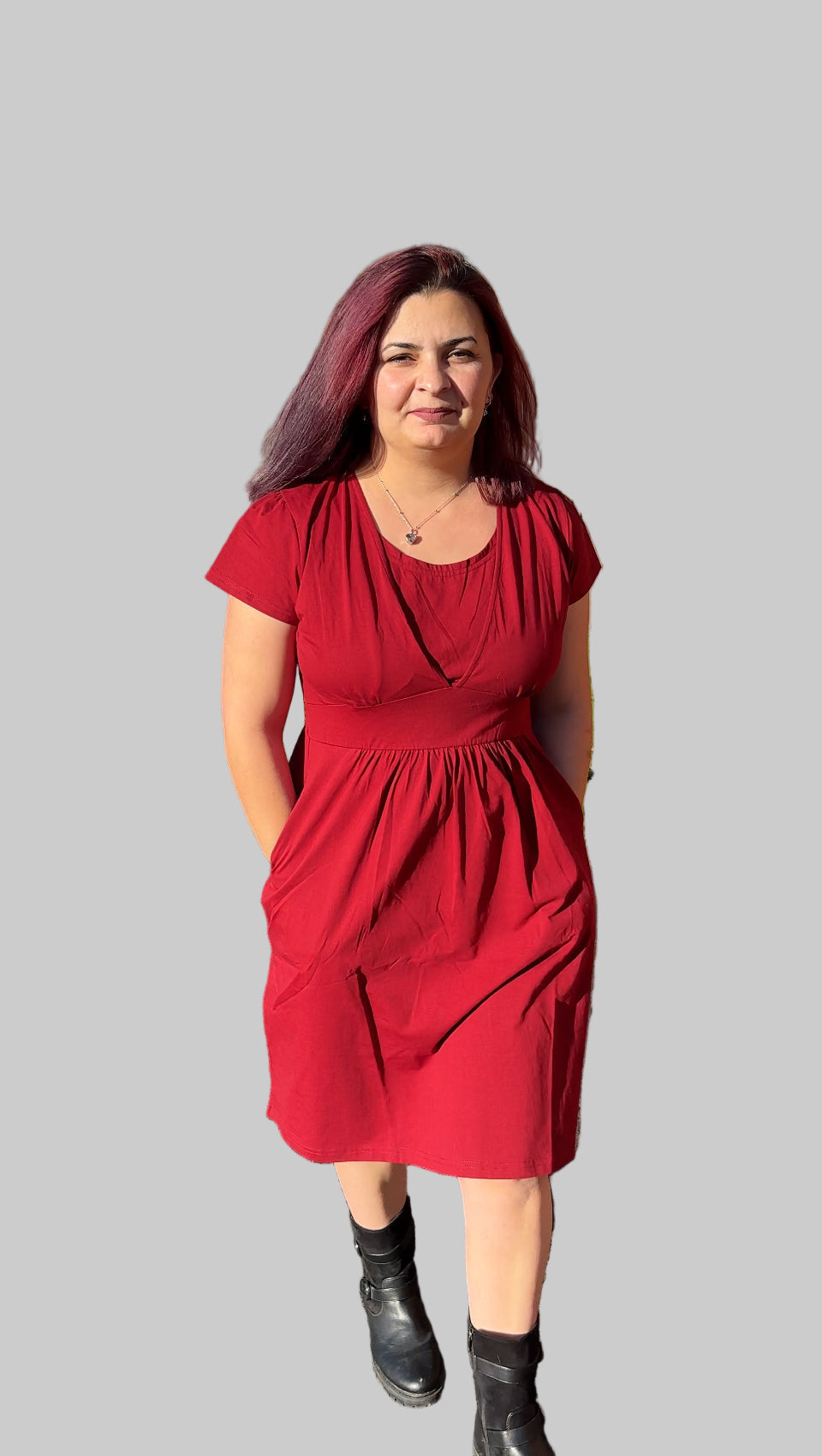 The Cotton Breastfeeding Dress - Burgundy Red