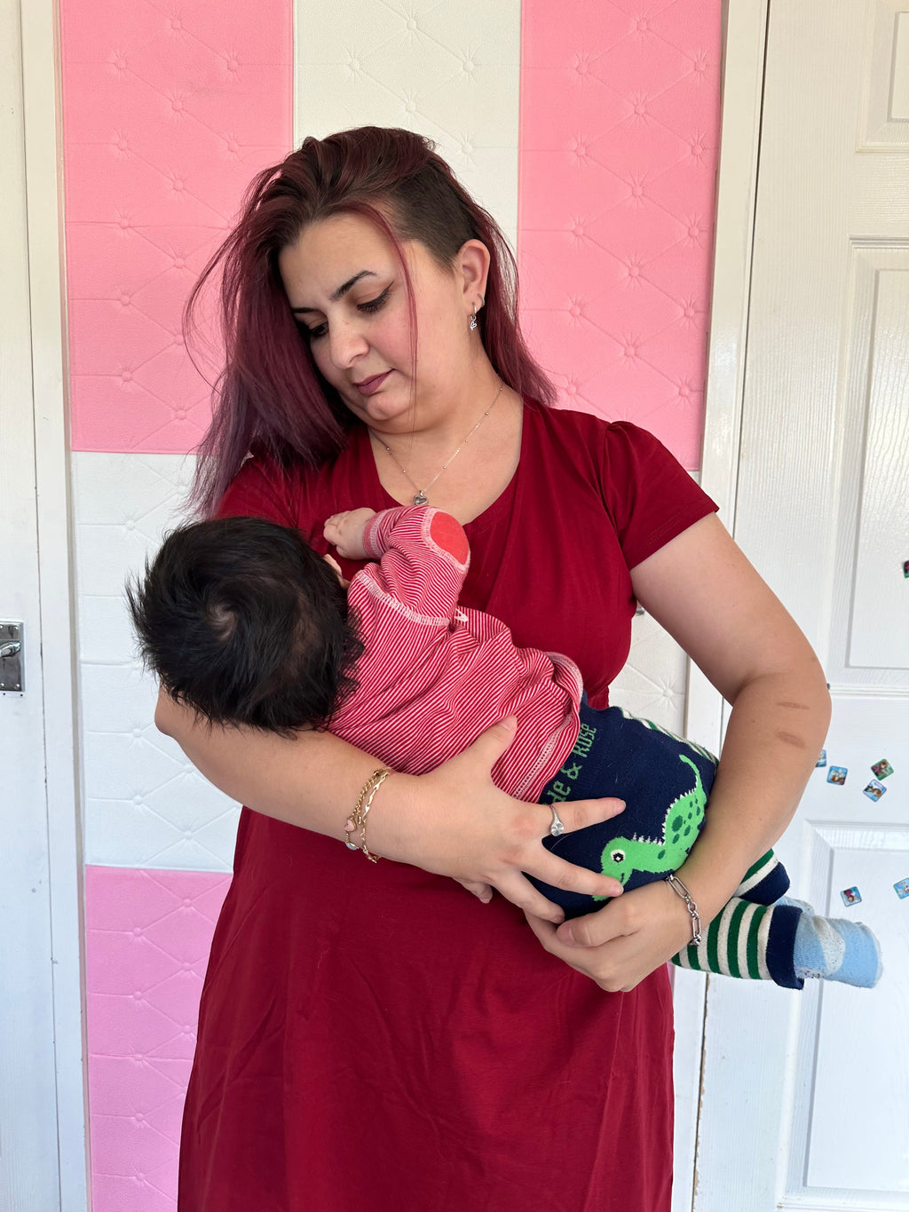 Milkymoon Cotton Breastfeeding Dress - Burgundy Red