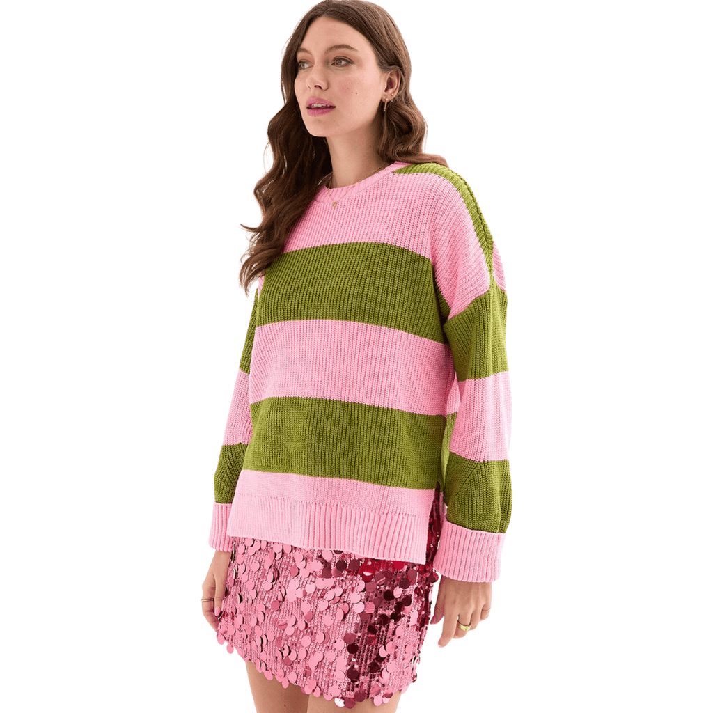 Cara & The Sky Rhiannon Recycled Cotton Blend Stripe Ladies Jumper - Pink and Green